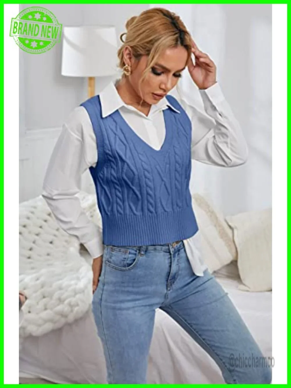 Women's V-Neck Cable Knit Vest Pullover Sleeveless Sweater Tank Top